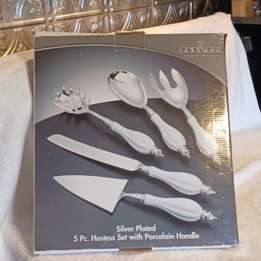 Godinger silver plated hostess set with porcelain handles